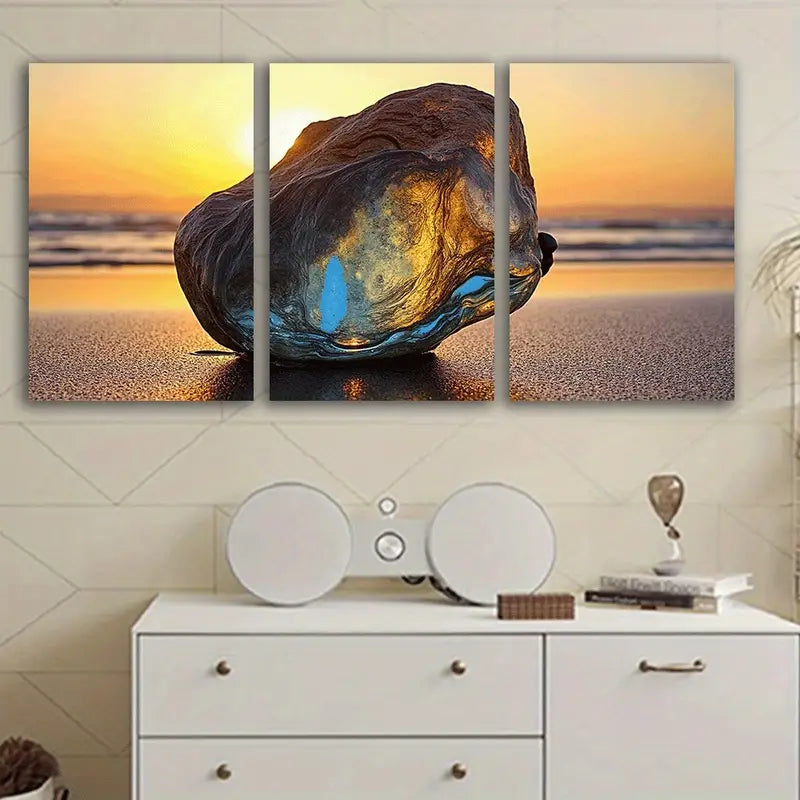 3pcs Beach Sunset Rock Blue Hues Wall Art Set Canvas Framed 50x70cm - High Quality Print 100% Australian Made Wall Canvas Ready to Hang