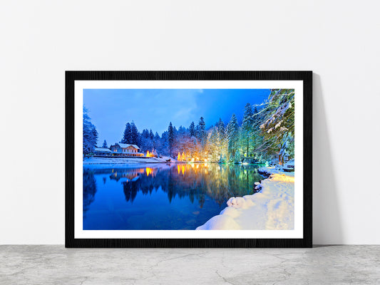 Mountain Lake In The Swiss Alps Glass Framed Wall Art, Ready to Hang Quality Print With White Border Black