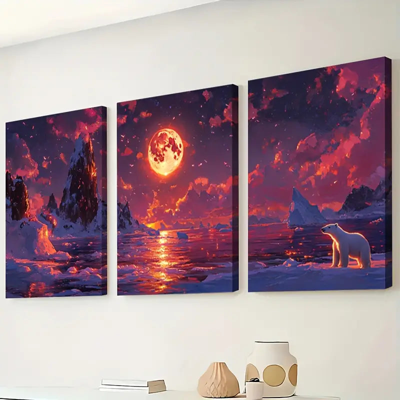 3pcs Arctic Coastline Polar Bear Scene Wall Art Set Canvas Framed 40x60cm - High Quality Print 100% Australian Made Wall Canvas Ready to Hang