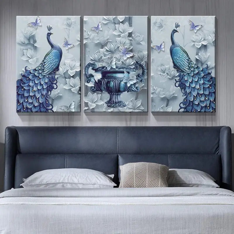 3pcs Blue Peacock Floral Paintings Metal Print Ready to Hang Art
