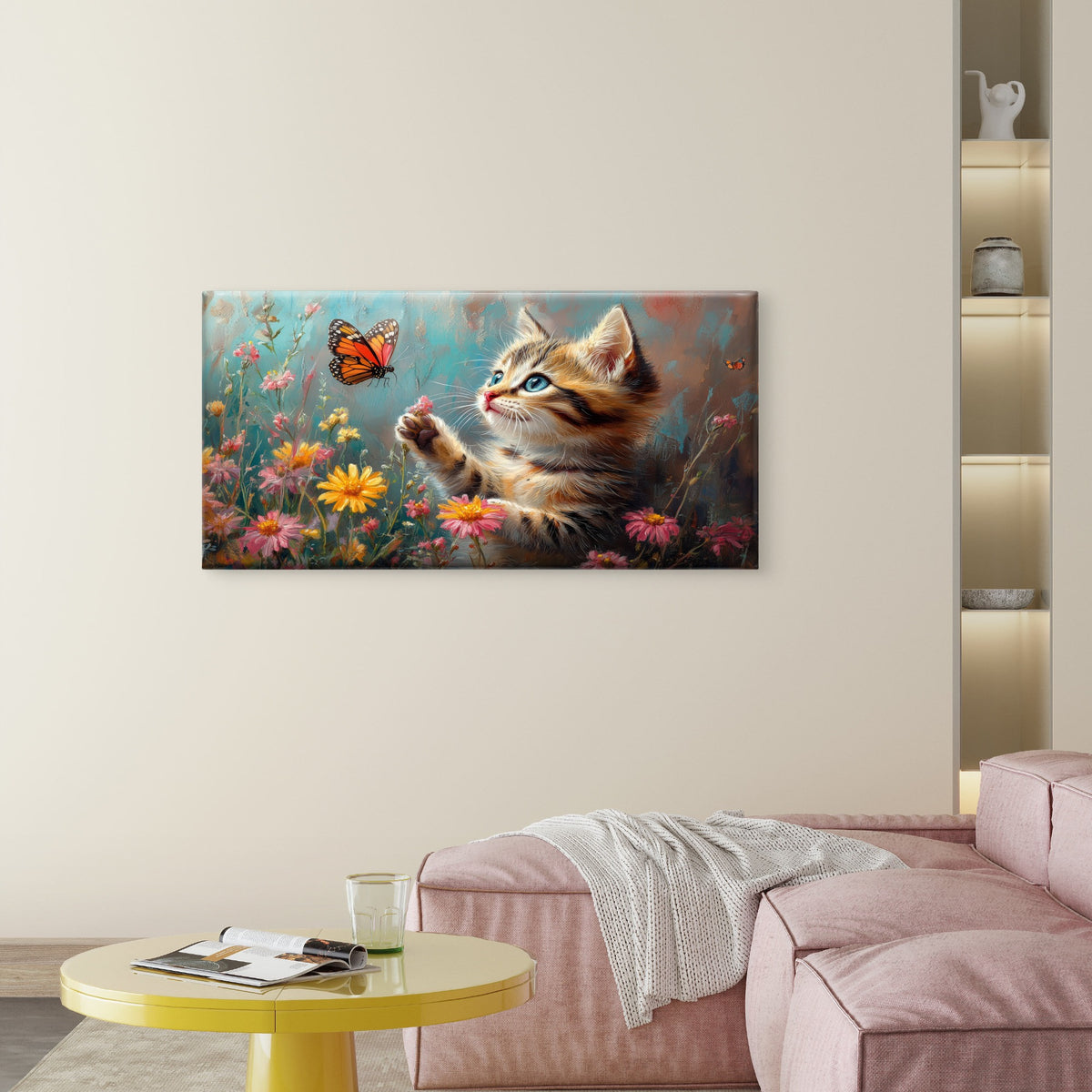 Cute Tabby Kitten Butterfly Flower Wall Art Canvas Office Home Framed 120x60cm
