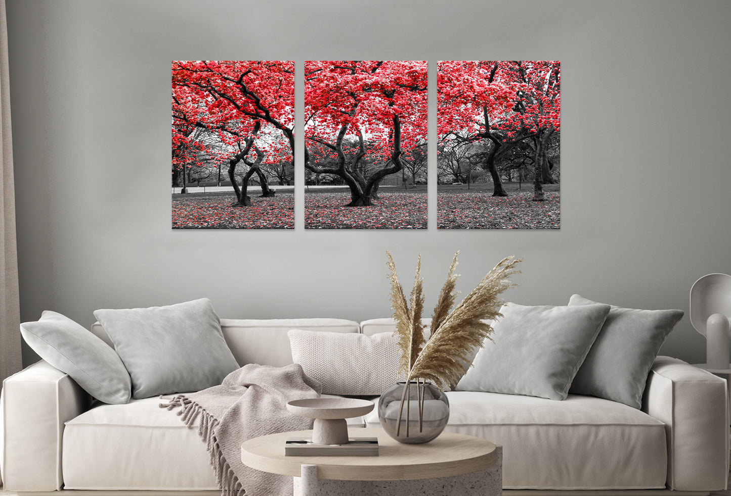3pcs Red Leaves Trees Black and White Wall Art Set Canvas Framed 40x60cm - High Quality Print 100% Australian Made Wall Canvas Ready to Hang