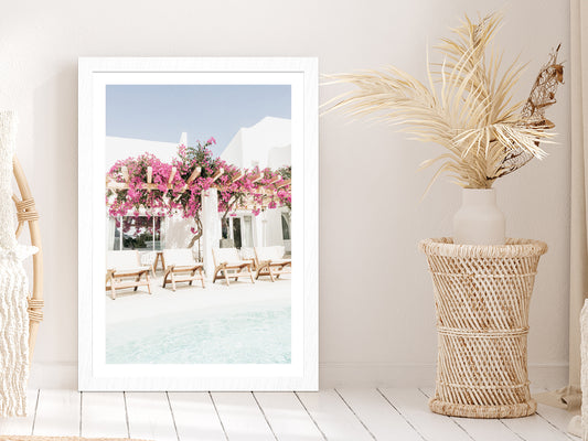 Pink Flowers Tree on House Faded Photograph Glass Framed Wall Art, Ready to Hang Quality Print With White Border White