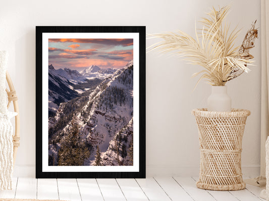 Maroon Bells & Vibrant Sunset Glass Framed Wall Art, Ready to Hang Quality Print With White Border Black