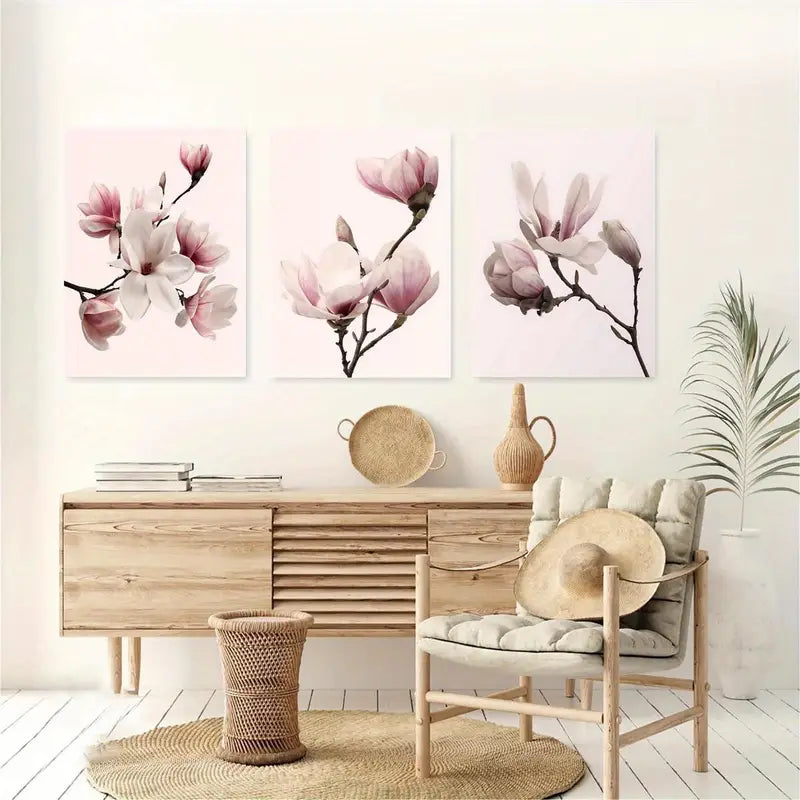 3pcs Pink and White Floral Flowers Wall Art Set Canvas Framed 40x60cm - High Quality Print 100% Australian Made Wall Canvas Ready to Hang