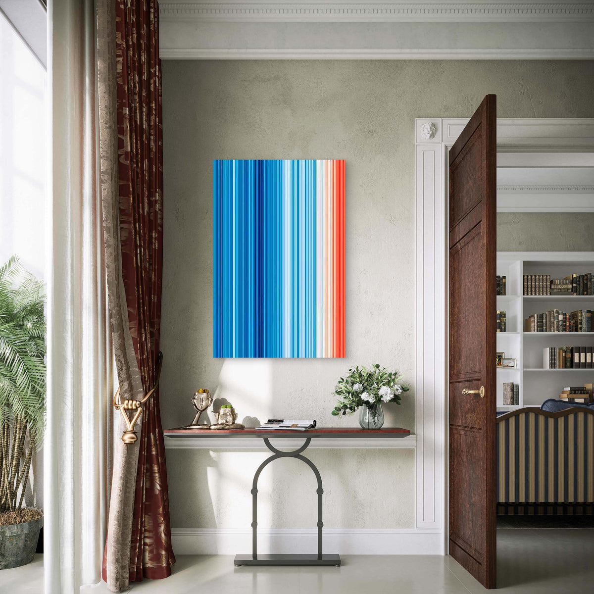 Abstract Vertical Stripes in Blue, White, And Orange Metal Print Ready to Hang