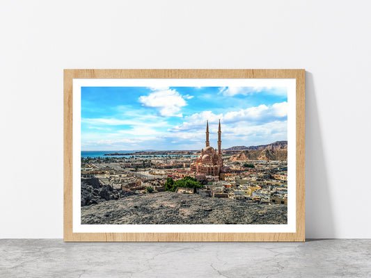 Egyptian Tourist Town & Red Sea Glass Framed Wall Art, Ready to Hang Quality Print With White Border Oak