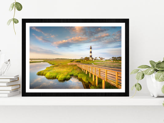 Sunrise Bodie Island Lighthouse Glass Framed Wall Art, Ready to Hang Quality Print With White Border Black