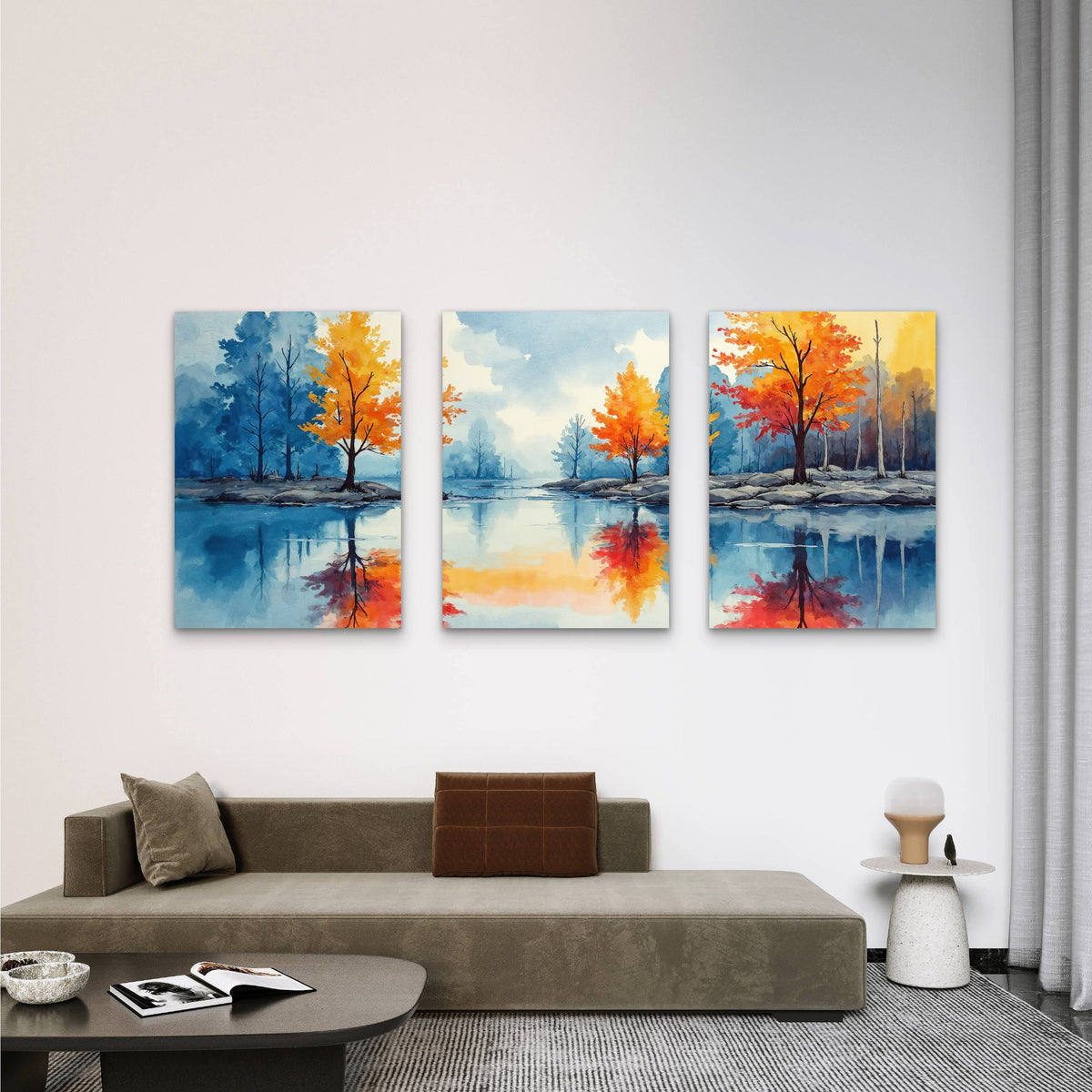 3pcs Watercolor Autumn Tree Lake Reflection Wall Art Set Canvas Framed 60x90cm - High Quality Print 100% Australian Made Wall Canvas Ready to Hang