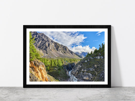 Narrow River In Siberian Mountain Glass Framed Wall Art, Ready to Hang Quality Print With White Border Black