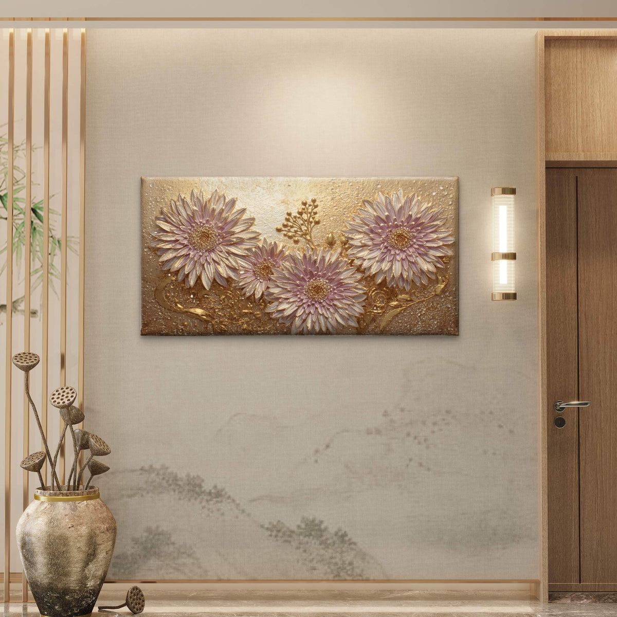 Pink Gold Textured Flower Wall Art Canvas Office Home Room Framed 120x60cm