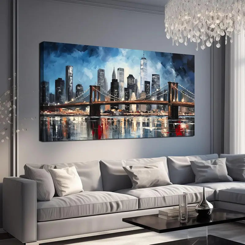 Modern City Skyline Bridge Blue & Gray Urban Wall Art canvas office home room framed 120x60cm