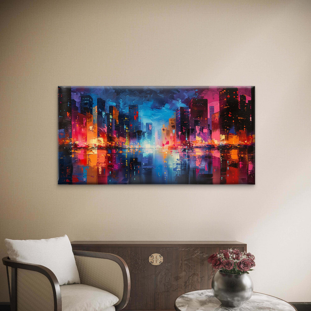 Neon Lights Across Streets Wall Art Canvas Office Home Room Framed 120x60cm