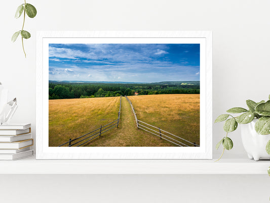Path Leading To Hill With Tower Glass Framed Wall Art, Ready to Hang Quality Print With White Border White