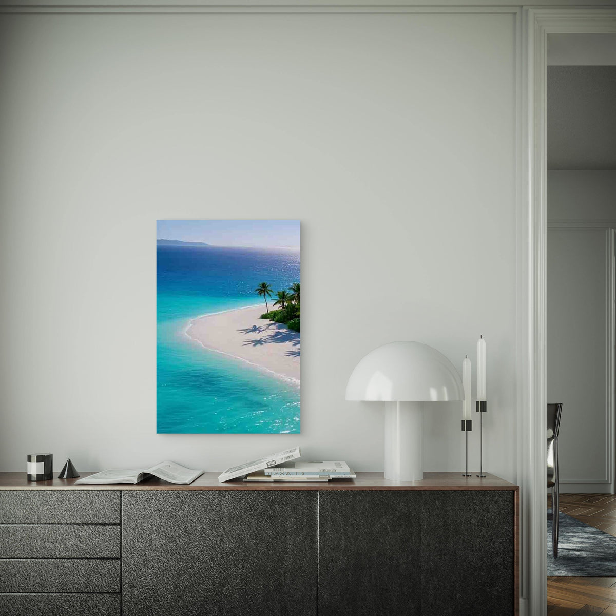Sea White Sand Palm Reflections, Metal Print Ready to Hang
