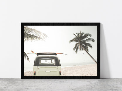 Surf Board on Vintage Van & Palm Tree near Sea Glass Framed Wall Art, Ready to Hang Quality Print Without White Border Black