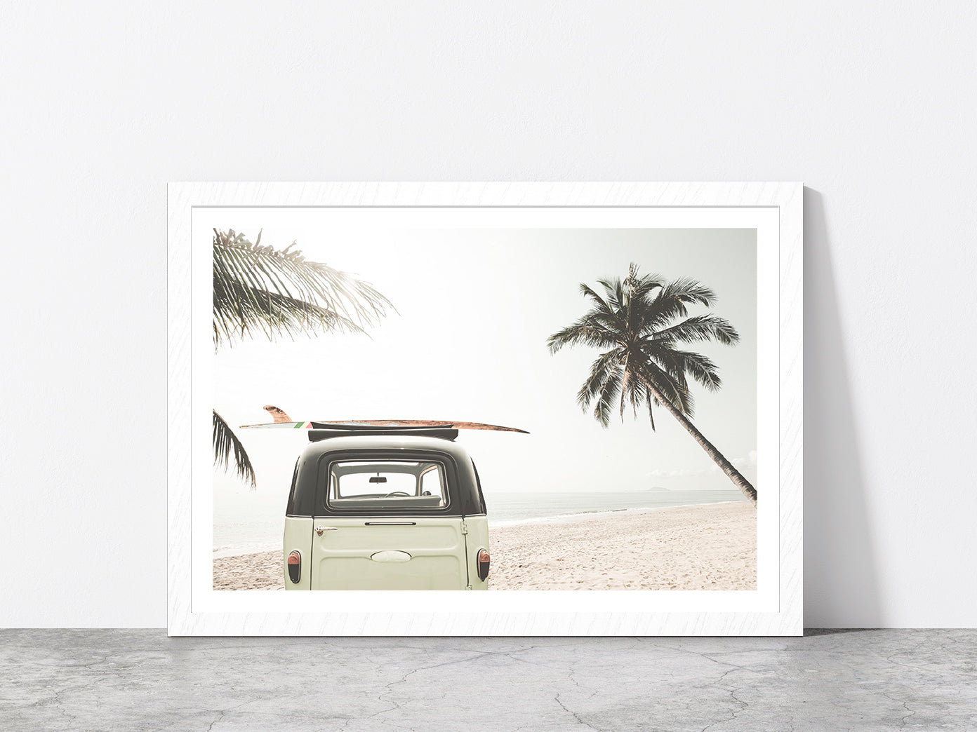 Surf Board on Vintage Van & Palm Tree near Sea Glass Framed Wall Art, Ready to Hang Quality Print With White Border White