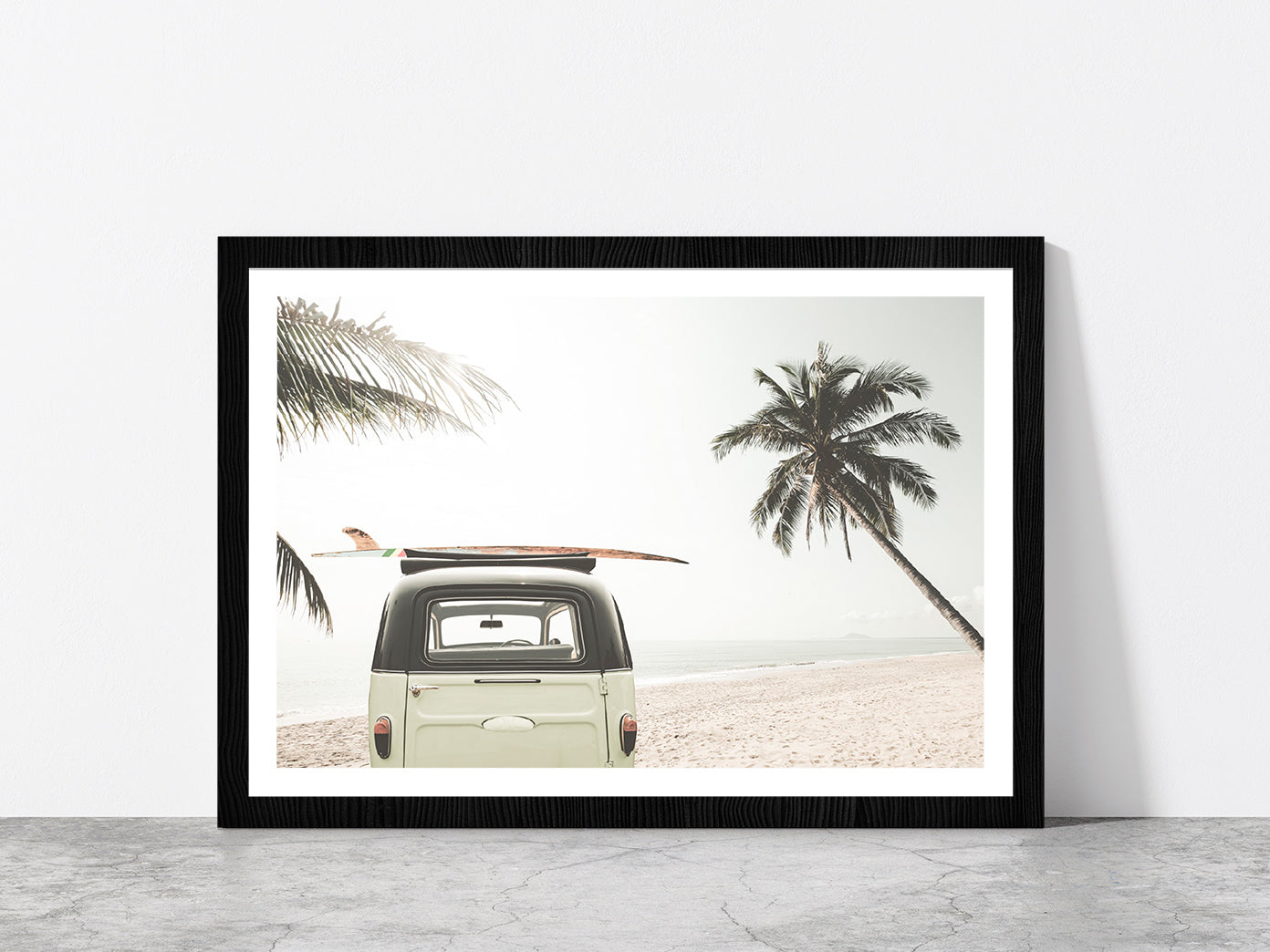 Surf Board on Vintage Van & Palm Tree near Sea Glass Framed Wall Art, Ready to Hang Quality Print With White Border Black