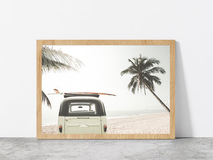 Surf Board on Vintage Van & Palm Tree near Sea Glass Framed Wall Art, Ready to Hang Quality Print Without White Border Oak