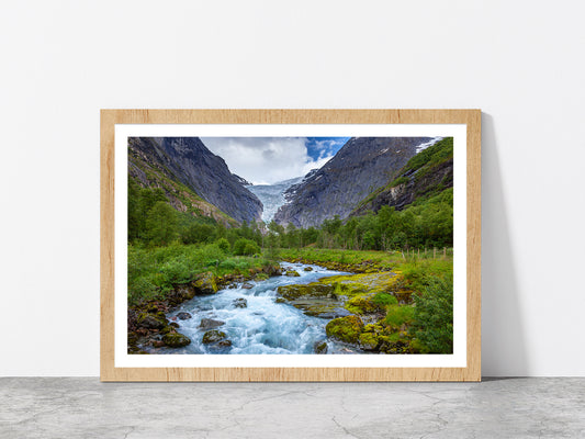 Rocky Mountains With Forest River Glass Framed Wall Art, Ready to Hang Quality Print With White Border Oak
