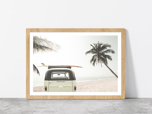 Surf Board on Vintage Van & Palm Tree near Sea Glass Framed Wall Art, Ready to Hang Quality Print With White Border Oak