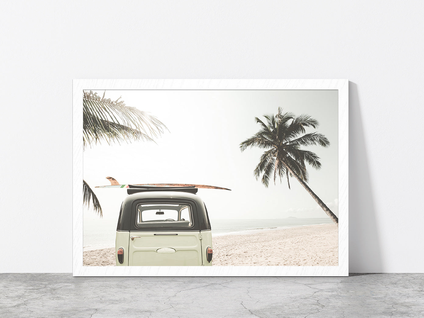 Surf Board on Vintage Van & Palm Tree near Sea Glass Framed Wall Art, Ready to Hang Quality Print Without White Border White