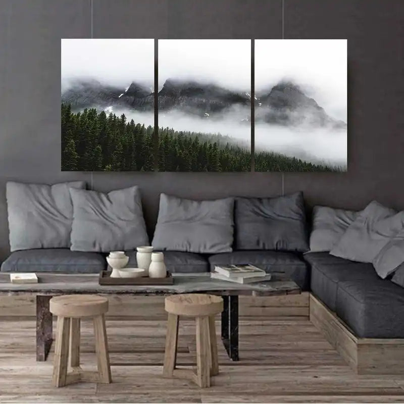 3pcs Lake Louise Foggy Mountain Landscape Wall Art Set Canvas Framed 60x90cm - High Quality Print 100% Australian Made Wall Canvas Ready to Hang
