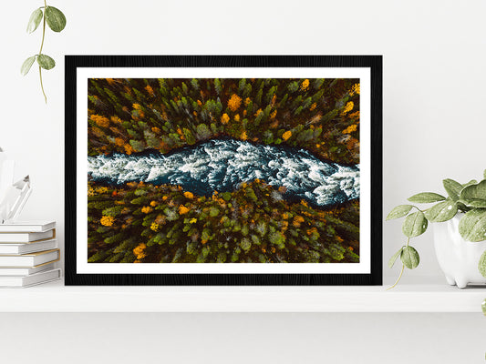 River Through Fall Forest Autumn Glass Framed Wall Art, Ready to Hang Quality Print With White Border Black