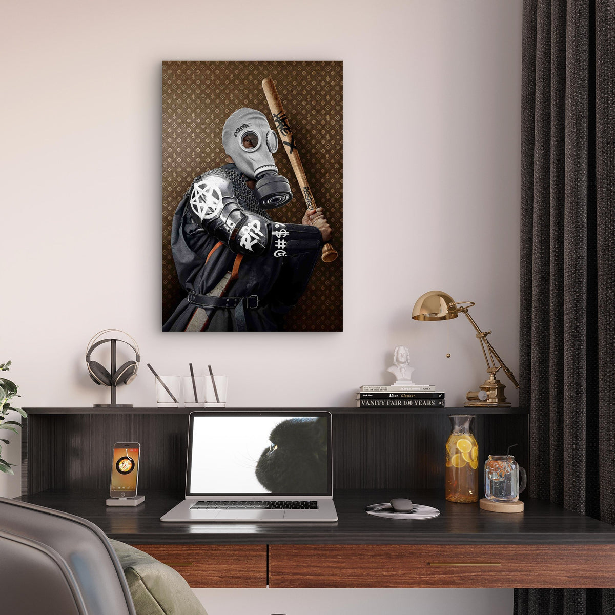 Gas Mask Samurai Baseball Bat Monogram 40x60cm Metal Print Ready to Hang