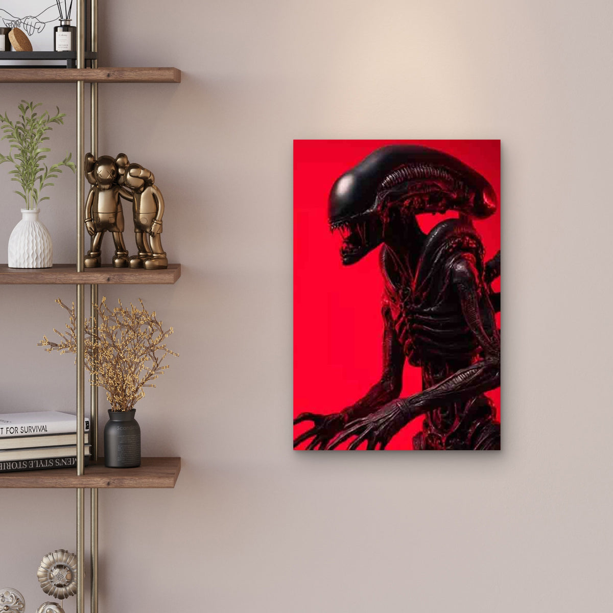 Alien Creature in Vibrant Red Background Metal Print Ready to Hang