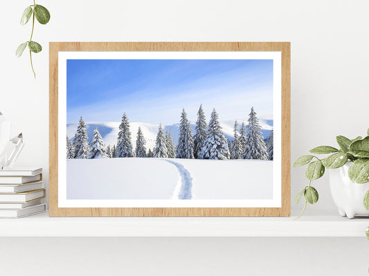 Mountain With Snow Peaks & Forest Glass Framed Wall Art, Ready to Hang Quality Print With White Border Oak