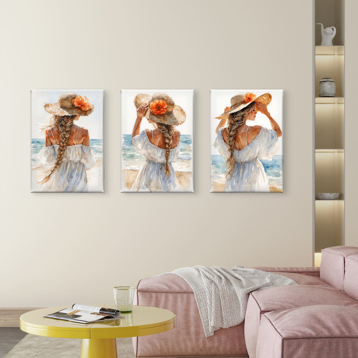 3pcs Watercolor Beach Girl Straw Hat Flower Wall Art Set Canvas Framed 60x90cm - High Quality Print 100% Australian Made Wall Canvas Ready to Hang