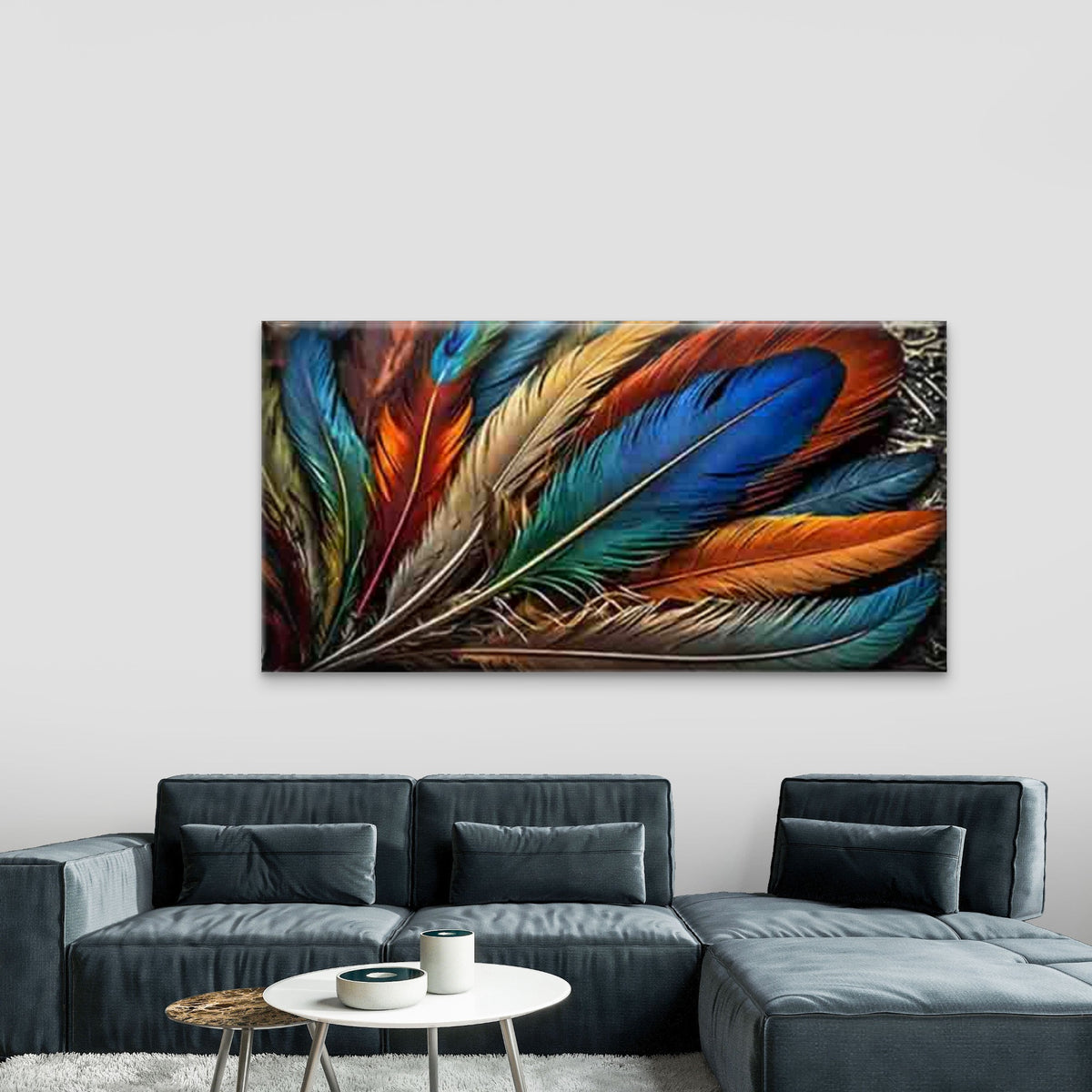 Vibrant Multicolored Feather Wall Art Canvas Office Home Room Framed 120x60cm