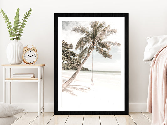 Beach Swing Palm Tree near Sand Beach View Glass Framed Wall Art, Ready to Hang Quality Print With White Border Black