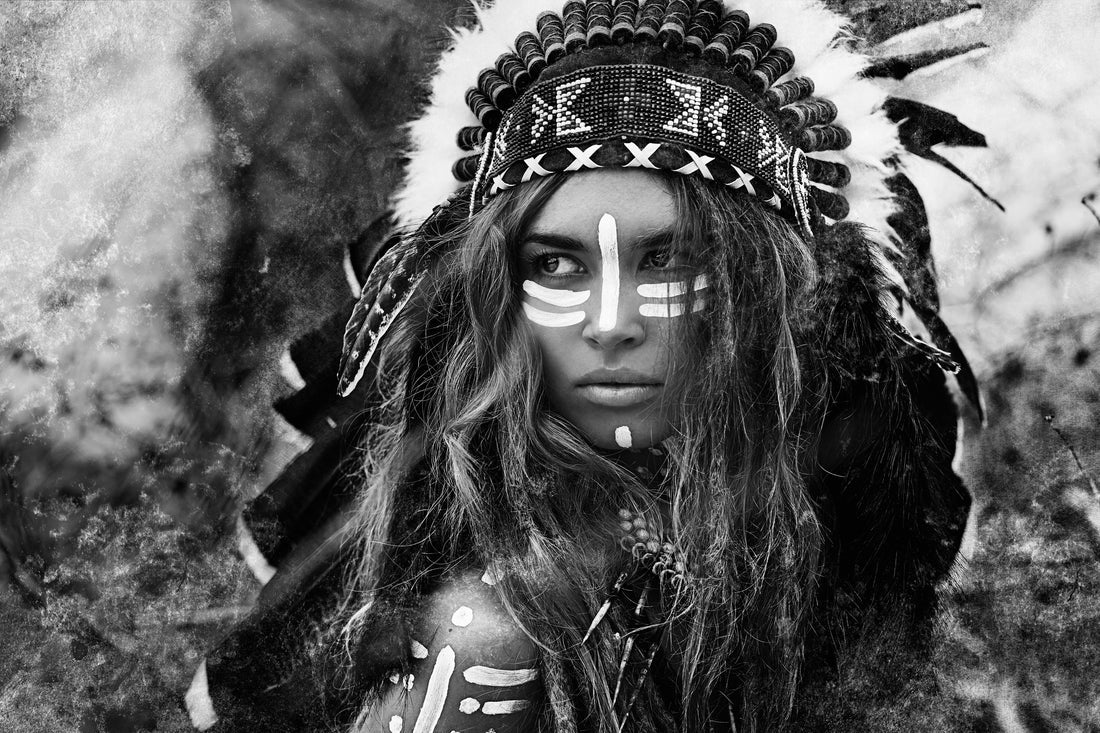 Warrior Girl with Feather Headdress B&W Photograph 90x60cm Print 100% Australian Made - Bella Home Decor