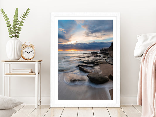 Sunrise View Of Rocky Coastline Glass Framed Wall Art, Ready to Hang Quality Print With White Border White