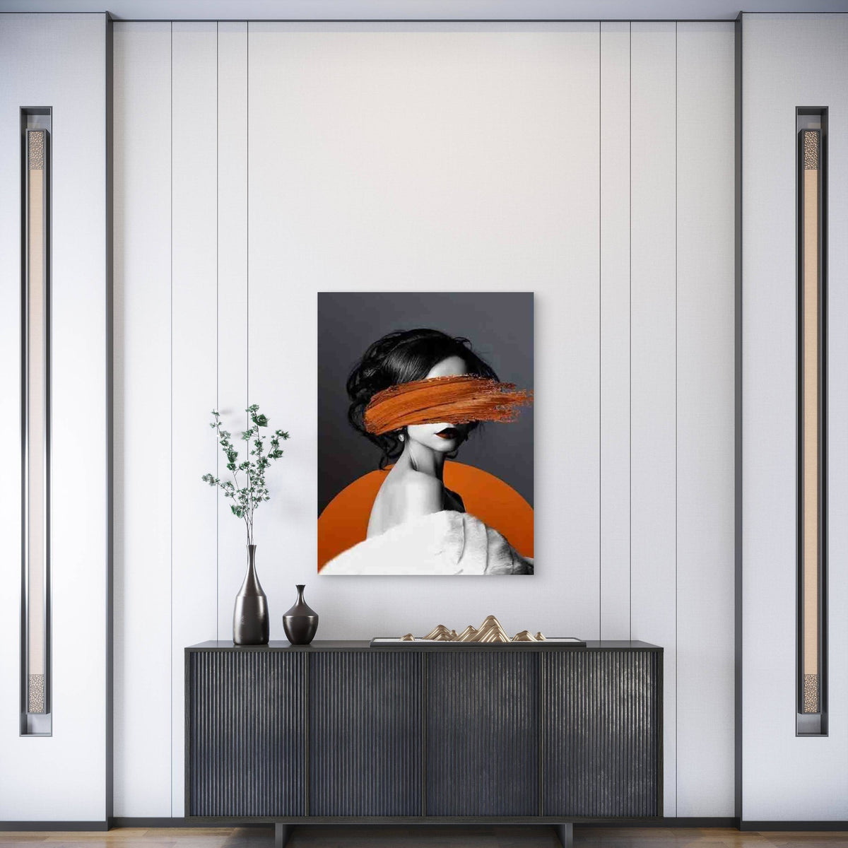 Black And White Figure on an Orange Background Metal Print Ready to Hang