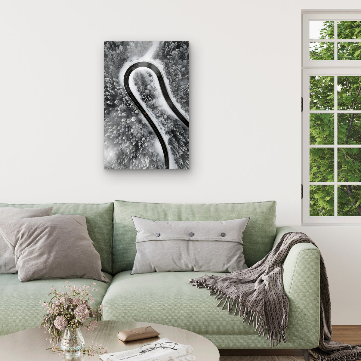 Aerial View of Car on Snow-Covered Winding Road 40x60cm Metal Print Ready to Hang