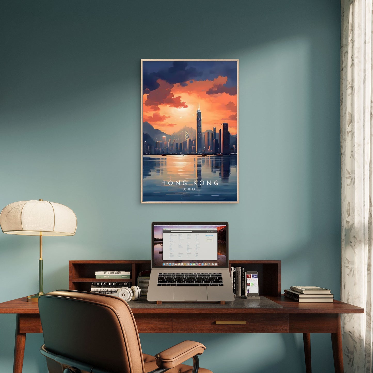 Hong Kong Cityscape at Sunset Painting Travel Poster Print Wall Art