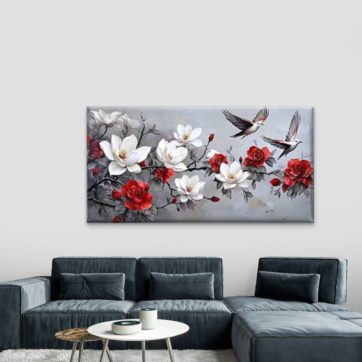 White Floral with Flying Birds Wall Art Canvas Office Home Room Framed 120x60cm