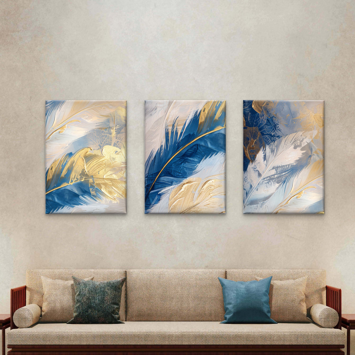 3pcs Royal Blue Gold Feather Abstract Painting Wall Art Set Canvas Framed 50x70cm - High Quality Print 100% Australian Made Wall Canvas Ready to Hang