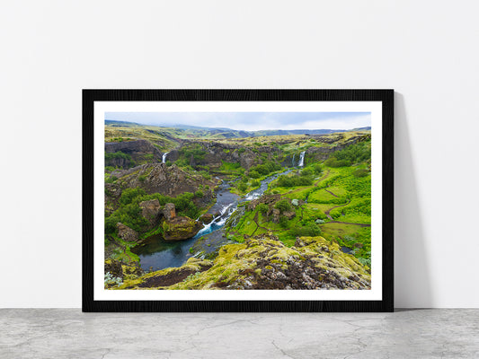 Rocky Mountains With Waterfalls Glass Framed Wall Art, Ready to Hang Quality Print With White Border Black