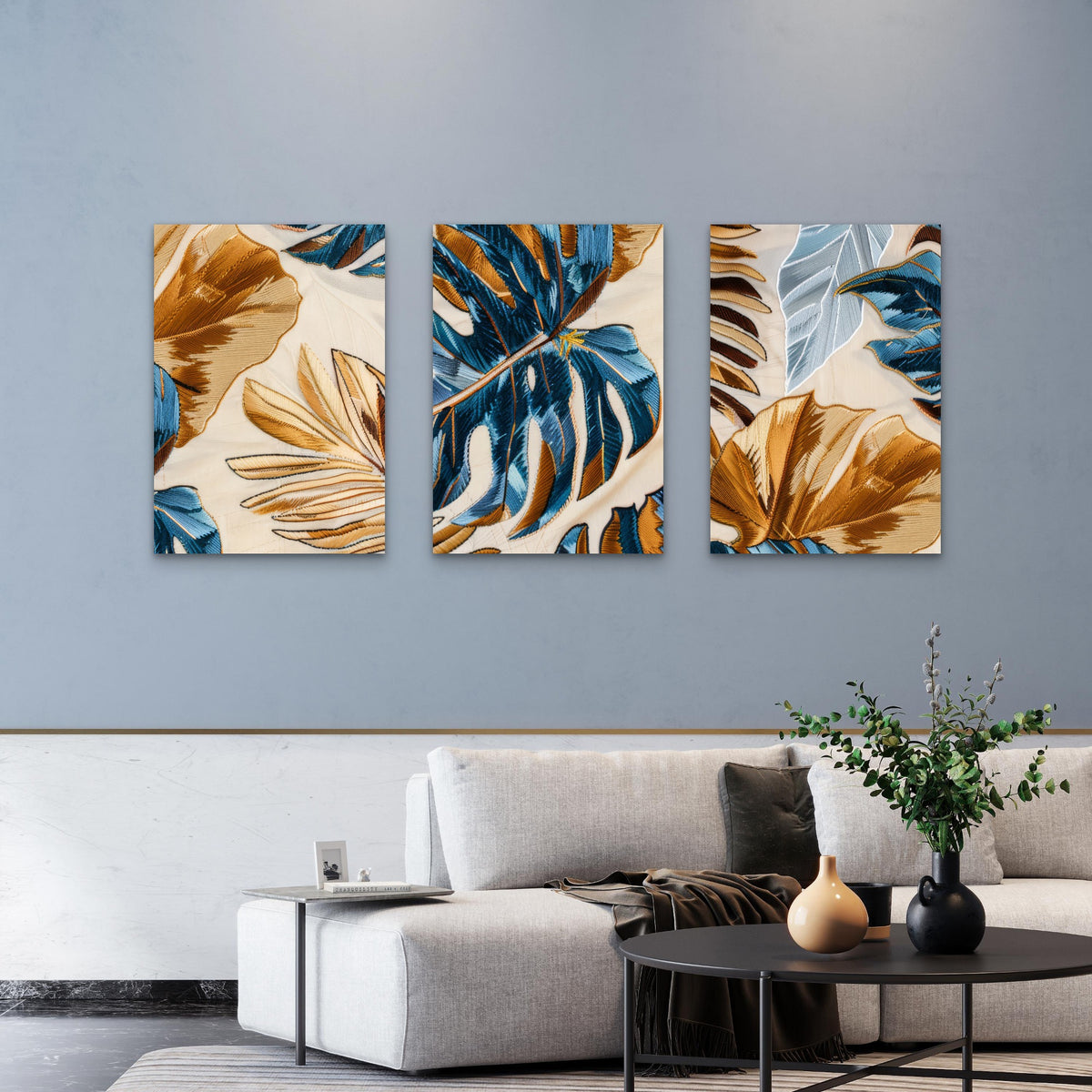 3pcs Blue And Gold Embroidered Tropical Palm Leaves Monstera Wall Art Set Canvas Framed 60x90cm- High Quality Print 100% Australian Made Wall Canvas Ready to Hang