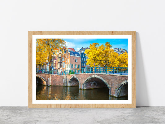 Houses & Bridge Cityscape Autumn Glass Framed Wall Art, Ready to Hang Quality Print With White Border Oak
