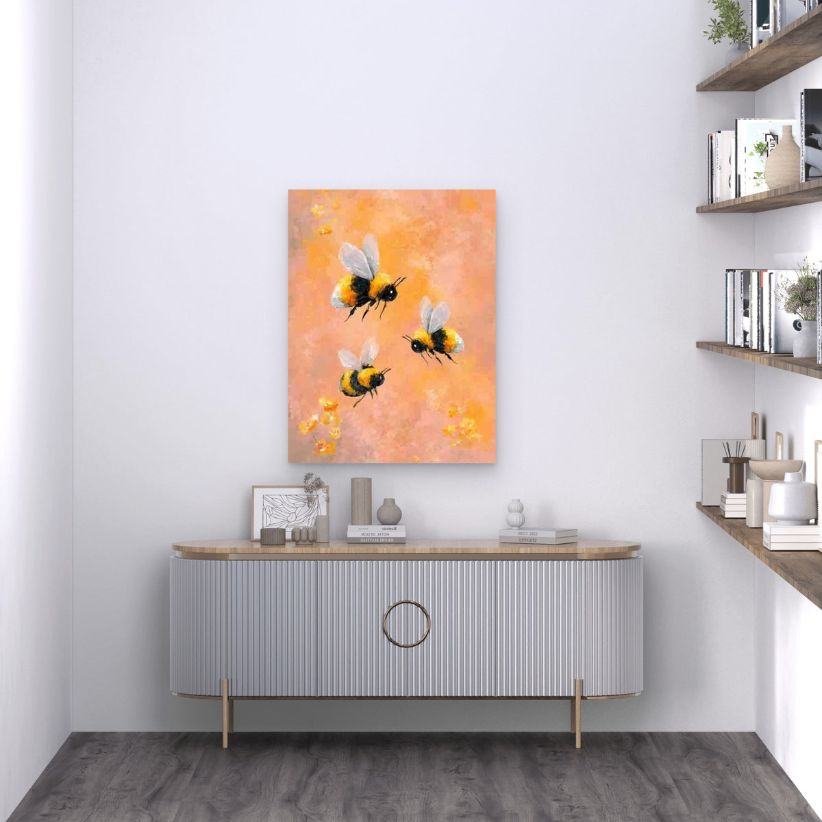 Cute Bumblebees & Flowers Design Metal Print Ready to Hang