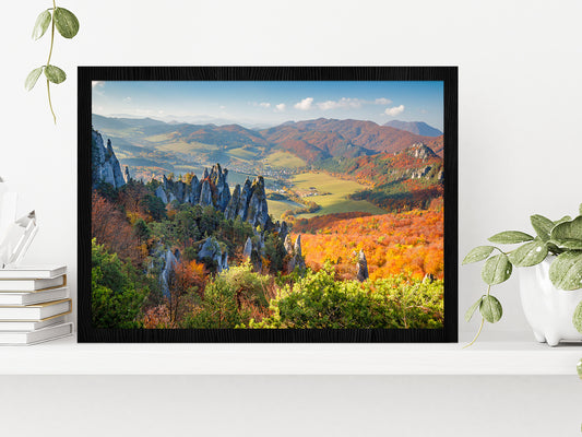 Rocks & Hills In Autumn Season Glass Framed Wall Art, Ready to Hang Quality Print Without White Border Black
