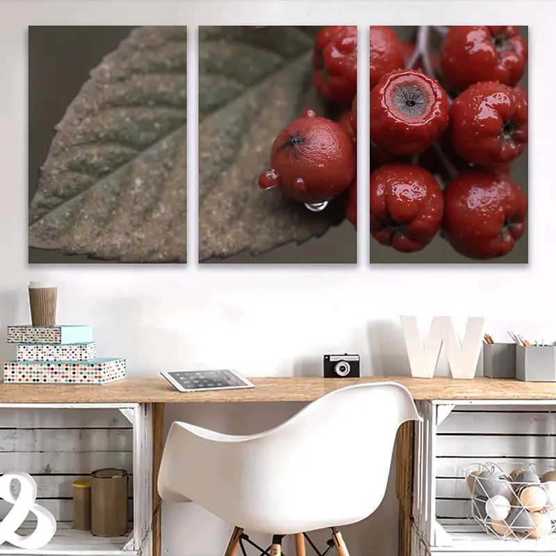 3pcs Red Berries with Water Droplets Design Wall Art Set Canvas Framed 60x90cm - High Quality Print 100% Australian Made Wall Canvas Ready to Hang
