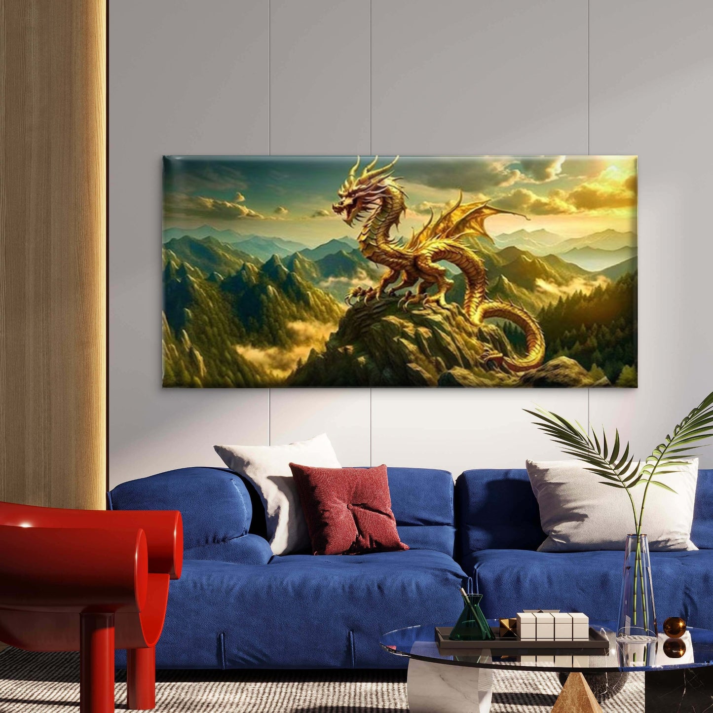 Golden Dragon on Rock Mountain Wall Art Canvas Office Home Room Framed 120x60cm