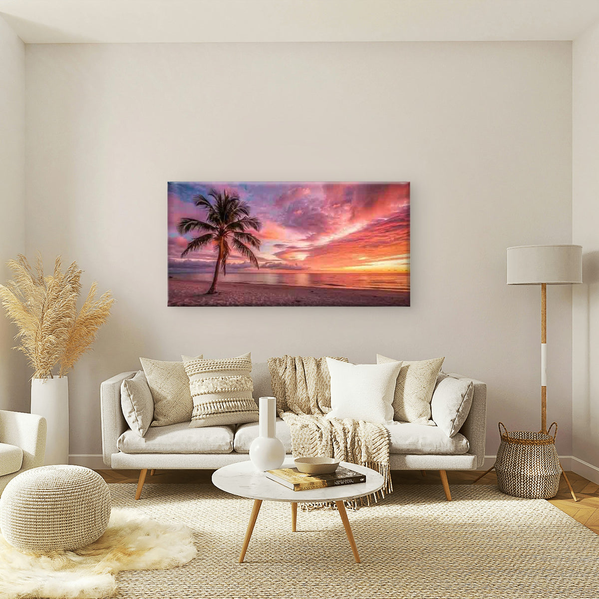 Tropical Beach Sunset Palm Tree Wall Art Canvas Office Home Room Framed 120x60cm