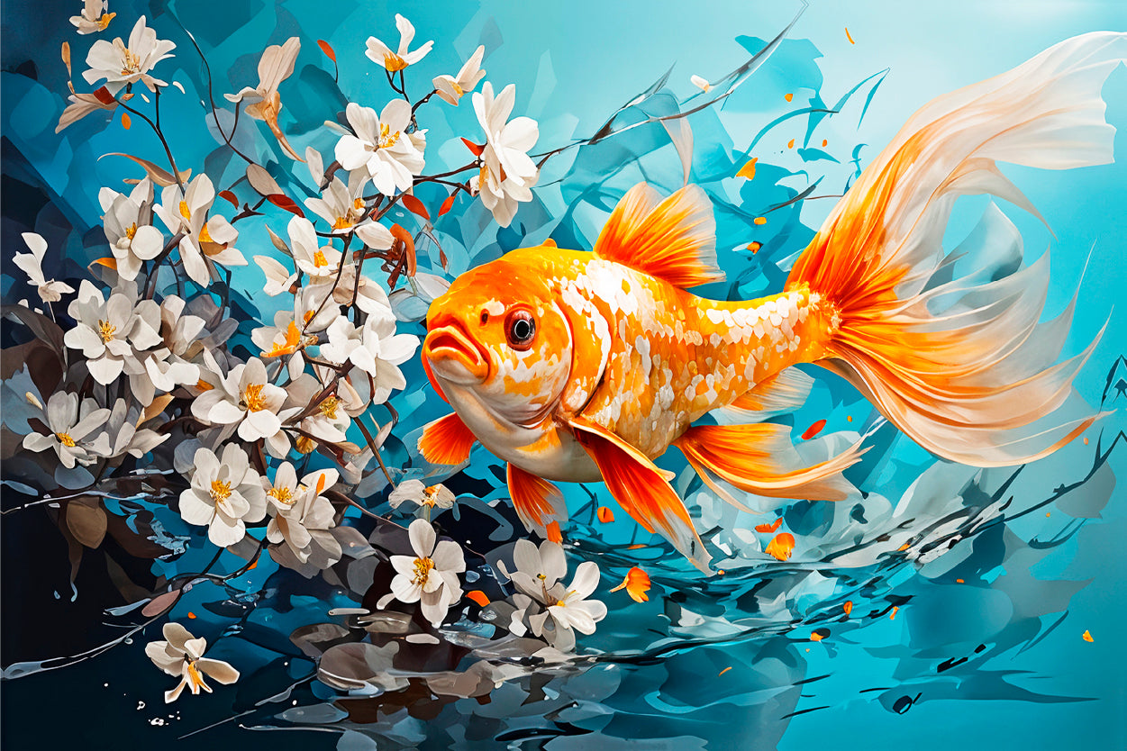 Gold Yellow Fish with White Flowers Wall Art Decor 100% Australian Made